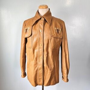 Vtg 70s Faux Leather Vinyl Bee Embroidered Shirt Jacket Western Shacket M/L/13